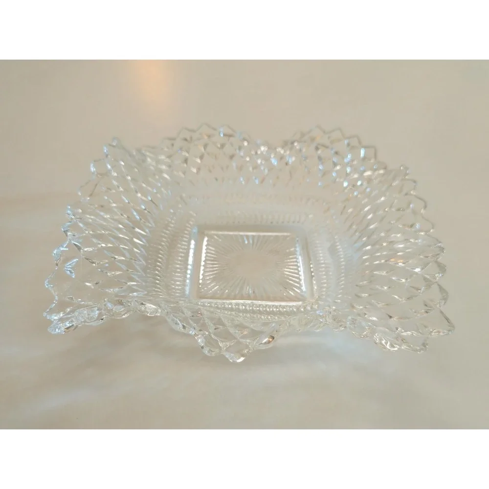 Vtg Clear Glass Imperial Diamond Point Ruffled Edge Candy Dish 7